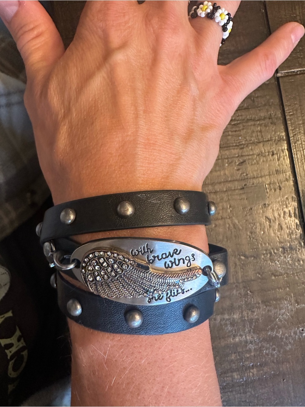 Black Leather-Look Wrap Bracelet with Angel Wing – Inspirational Jewelry
